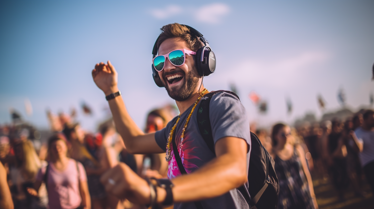 Guy enjoying dancing at festival with ear protection