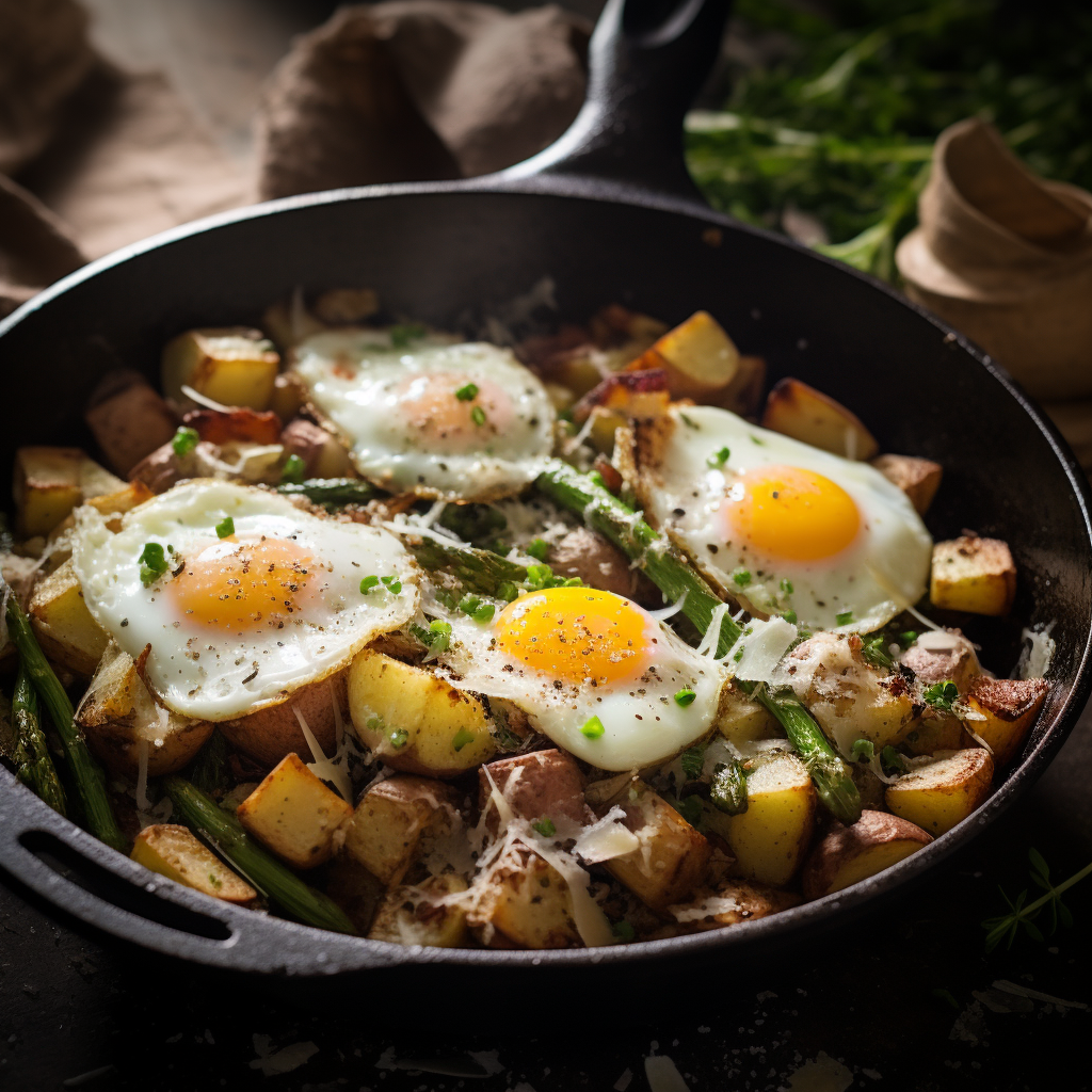 Roasted Asparagus and Potato Hash with Baked Eggs