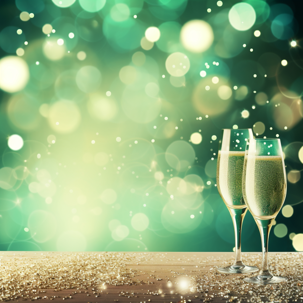 Birthday background with bright green colors and champagne