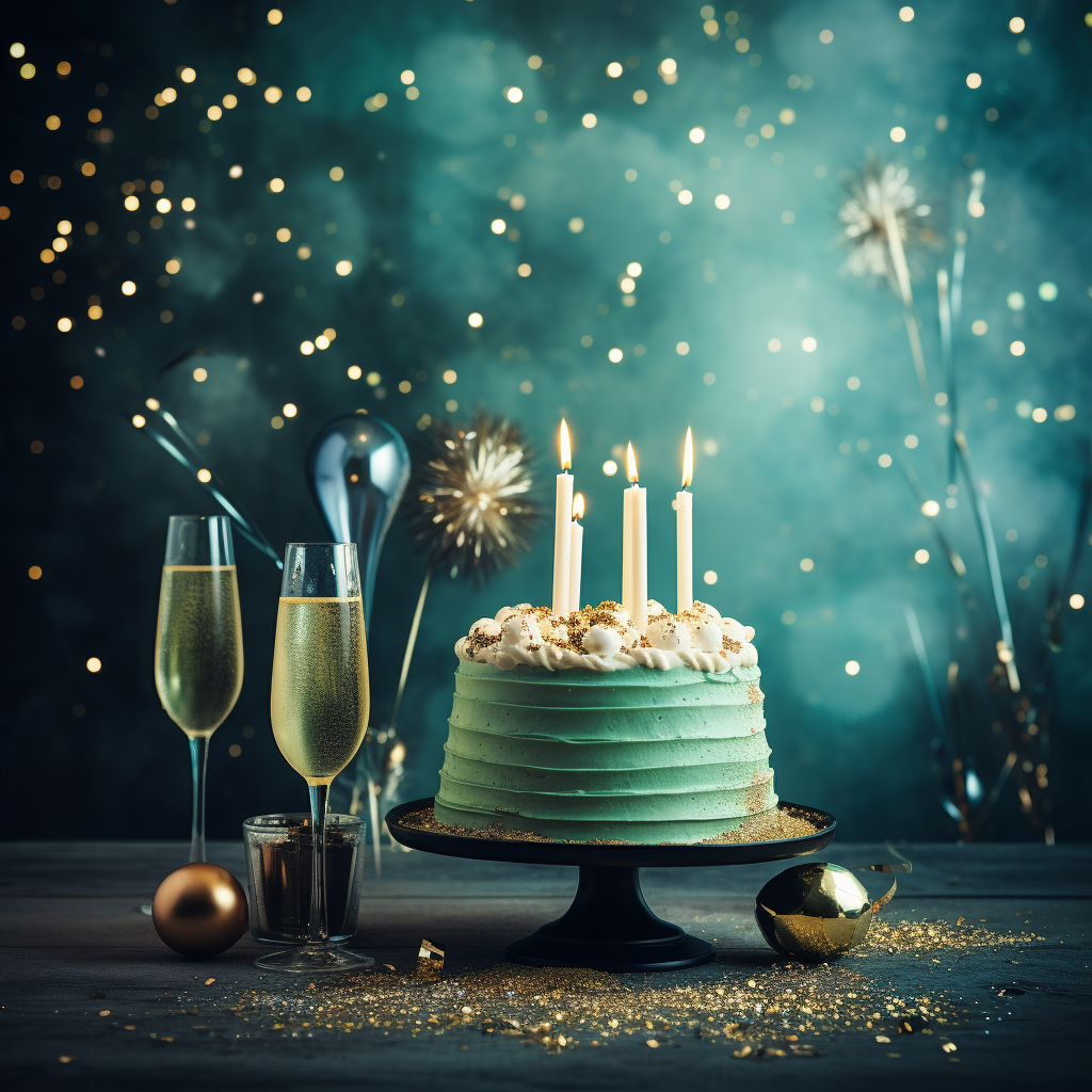 Festive Birthday Background with Green Champagne Cake Candles