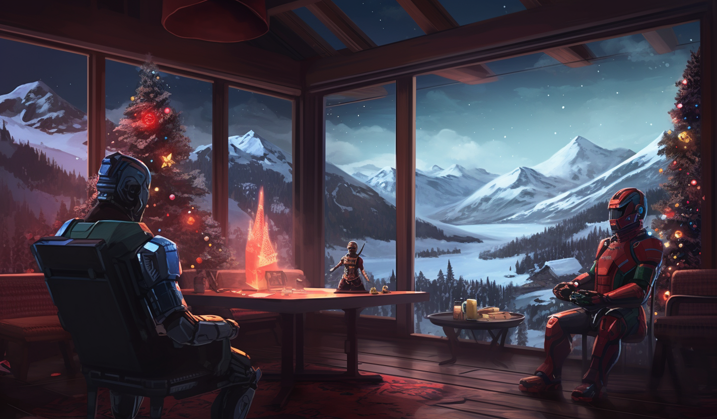 Robot looking at lightning in festive cabin