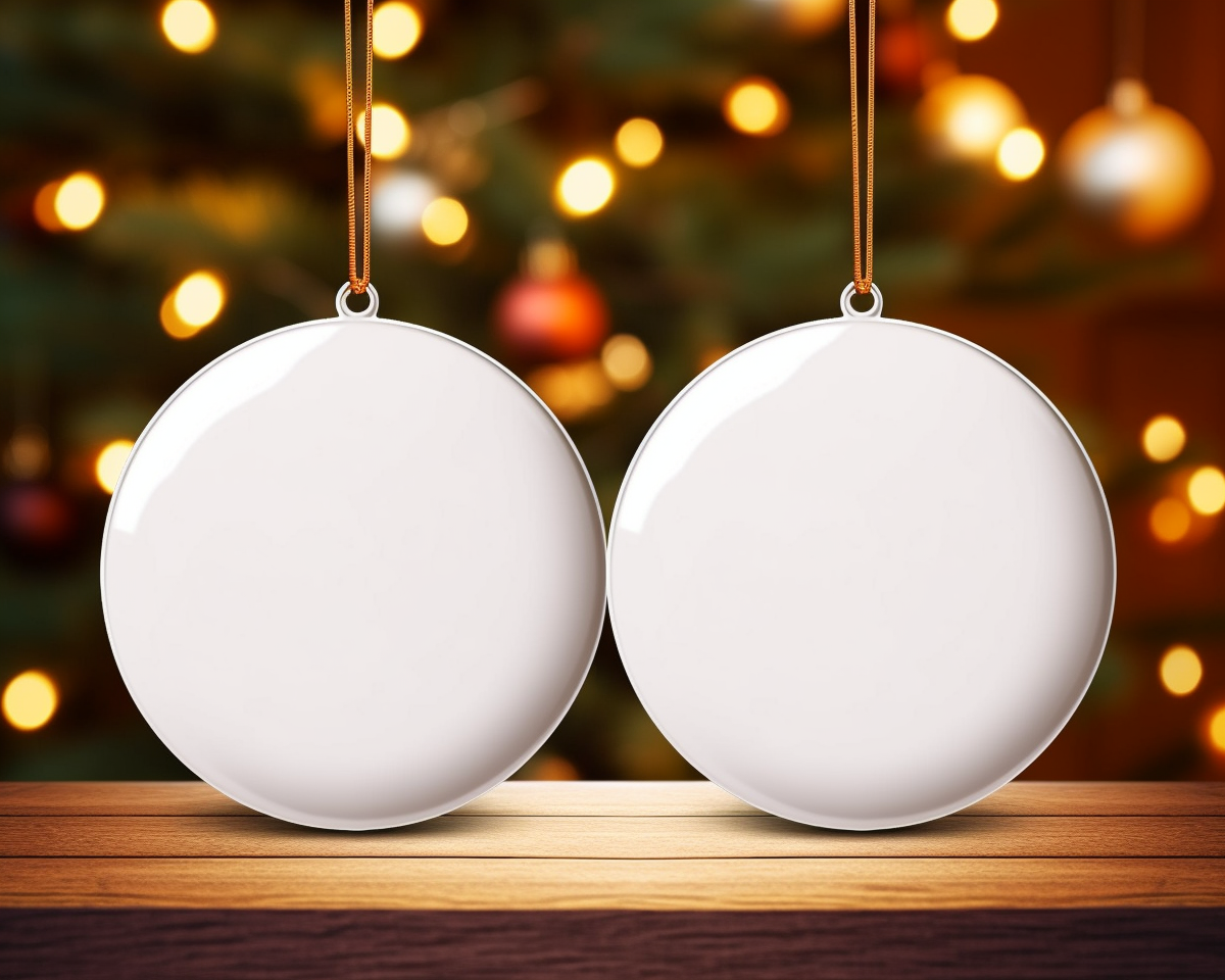 Two White Circle Ceramic Christmas Ornaments Mockup