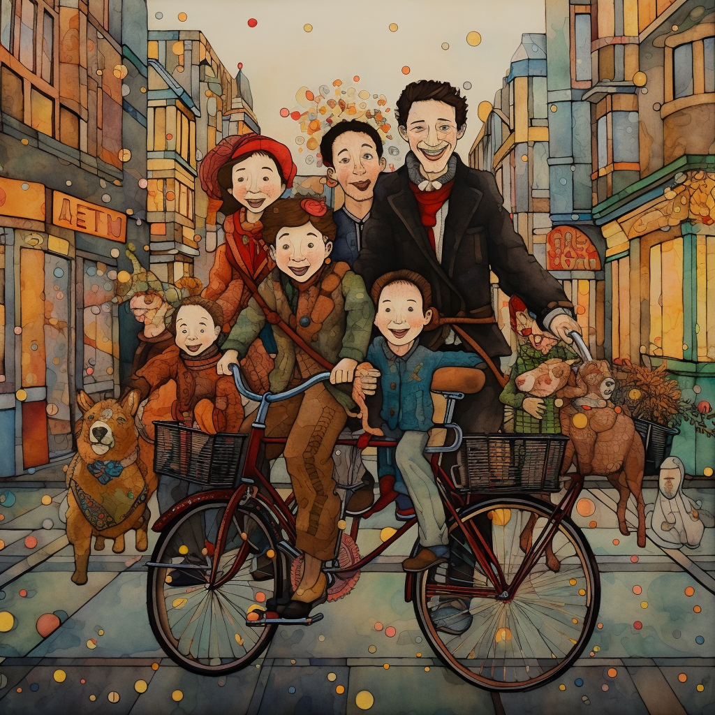 Festive families on bicycles in urban setting