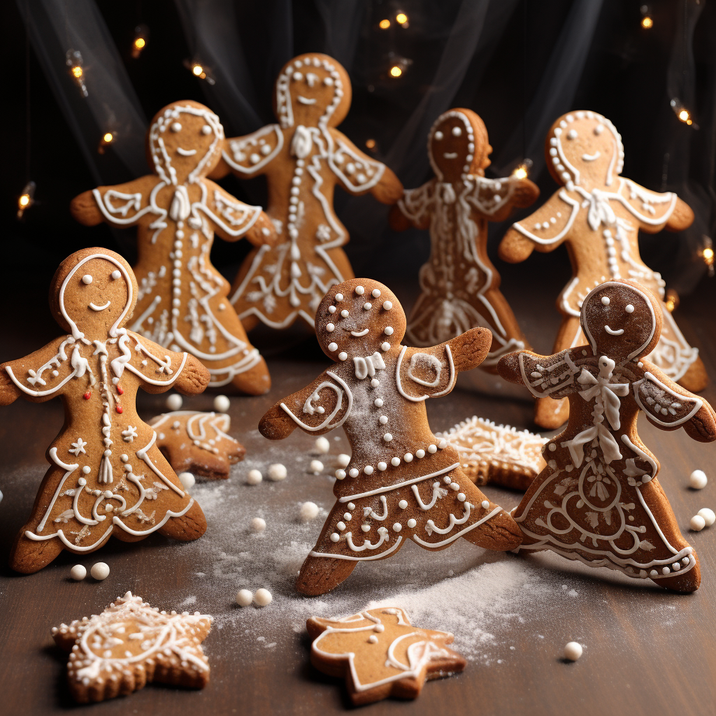 Gingerbread cookies dancing in winter wonderland