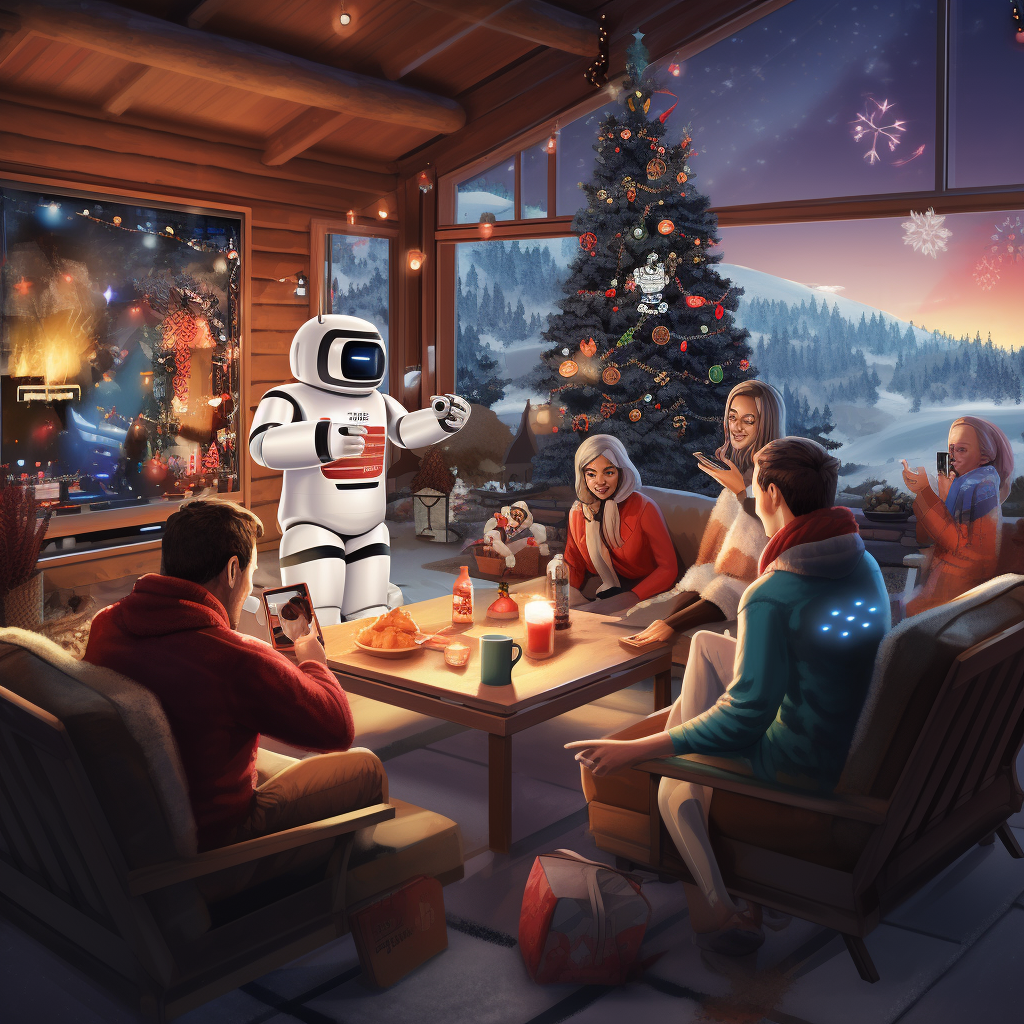 Adults enjoying fireside chat with AI robots