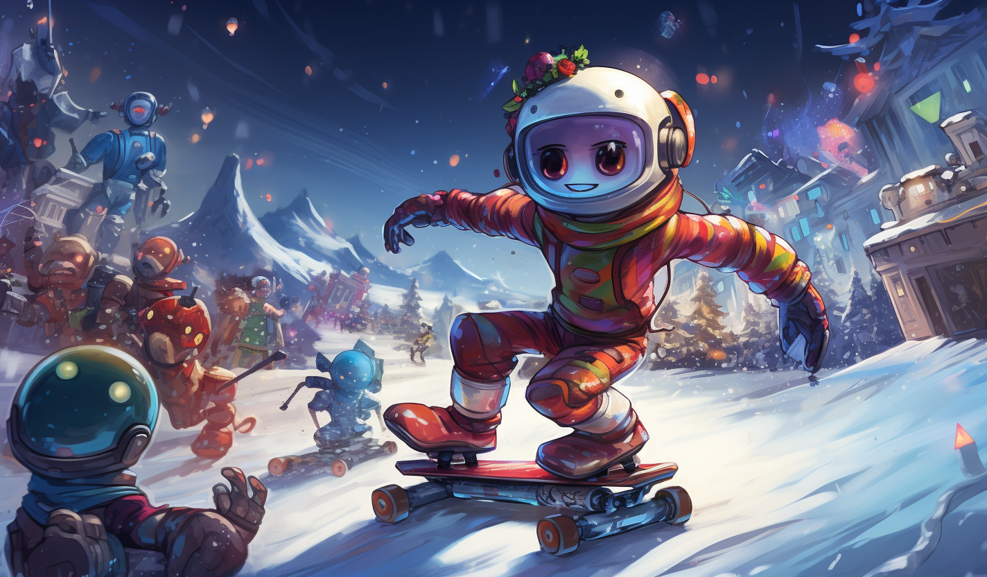 Robot snowboarding in festive holiday scene