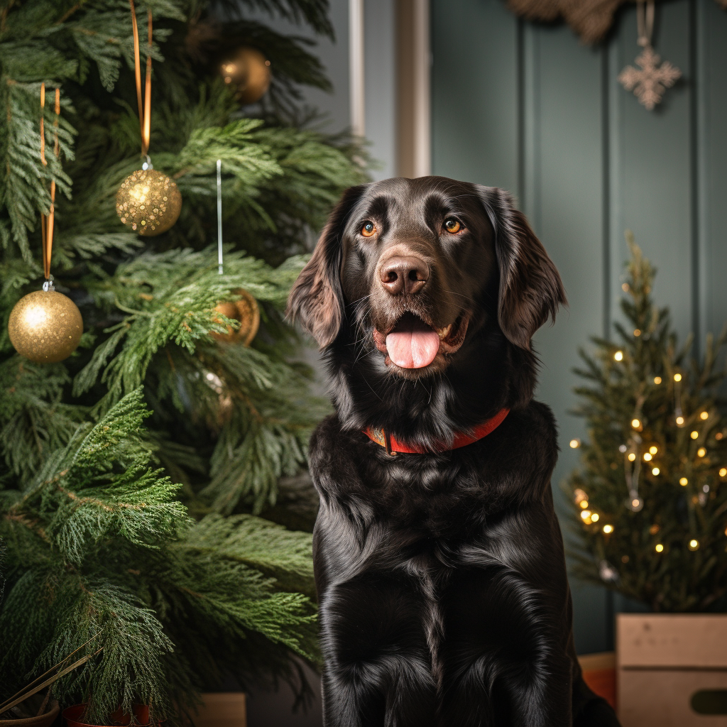 Happy dog in front of Christmas tree