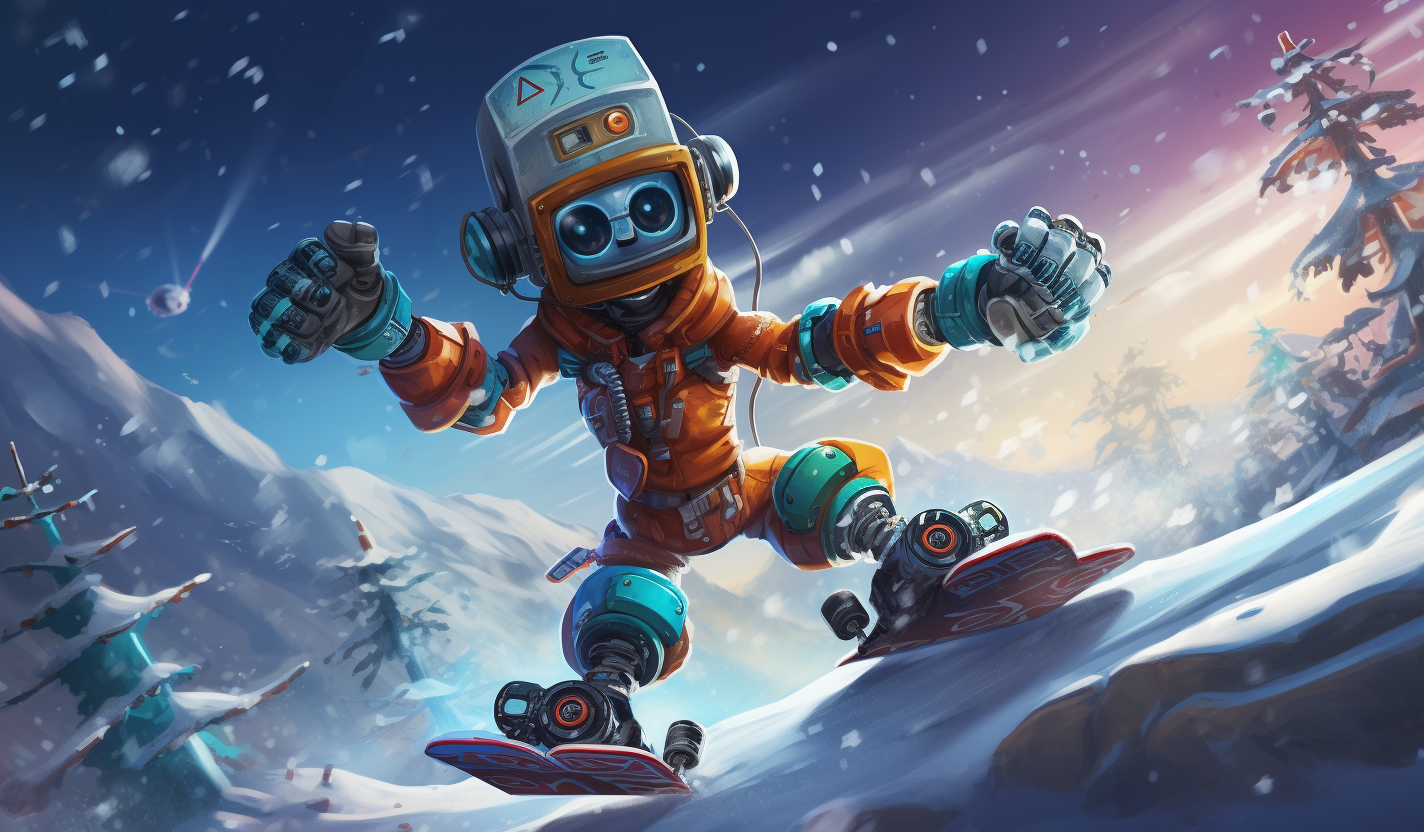 Robot and Human Snowboarding in Festive Scene