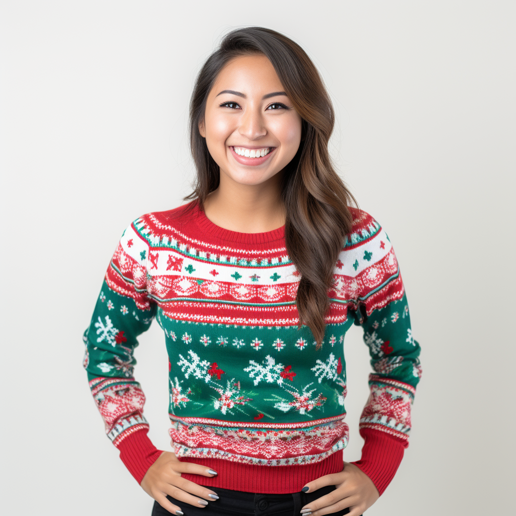 Friendly Asian female receptionist with holiday sweater