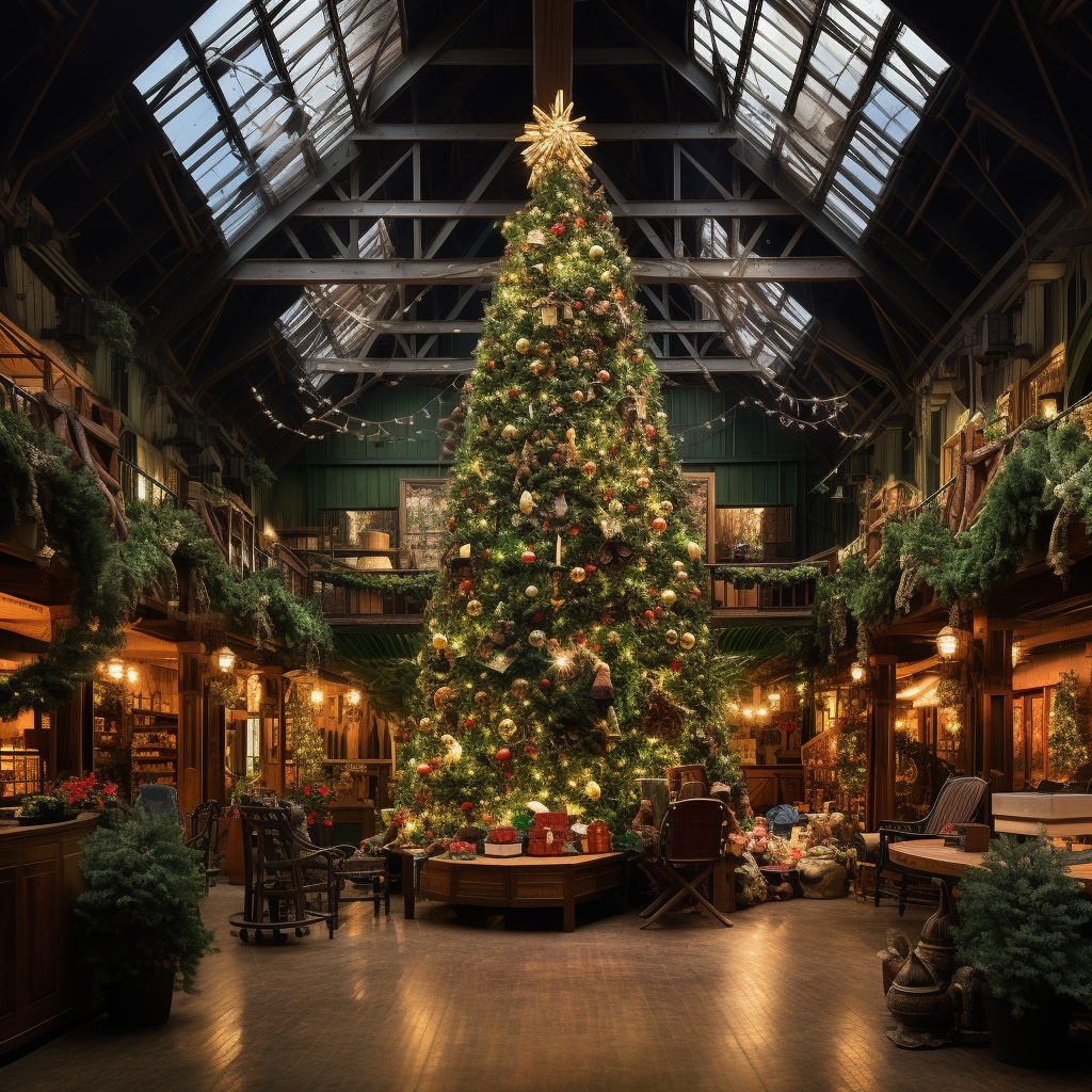 Christmas Hall with Decorated Pine Tree