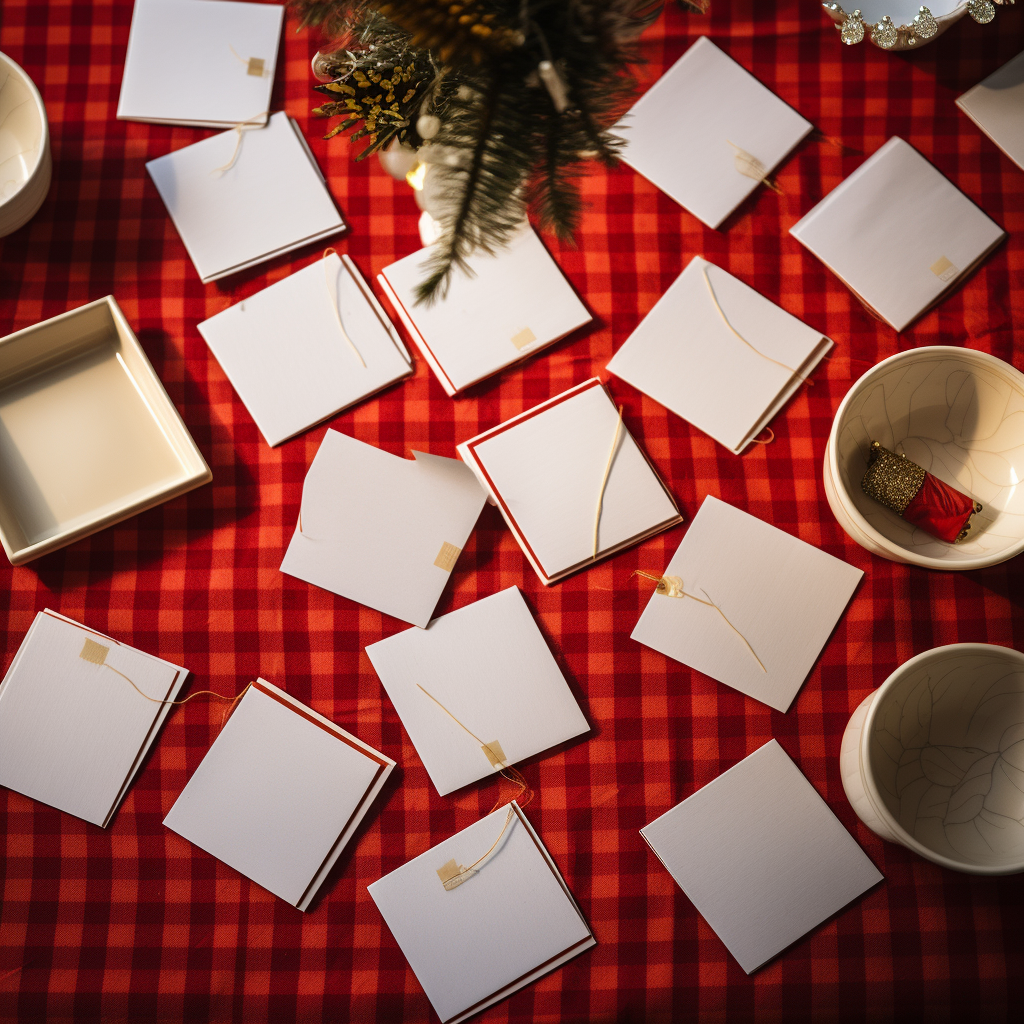 Blank square greeting cards on festive Christmas tablecloth