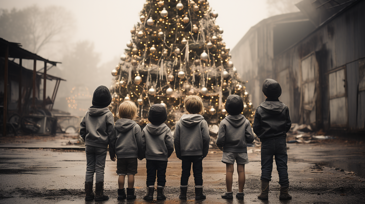 Children decorating festive Christmas tree