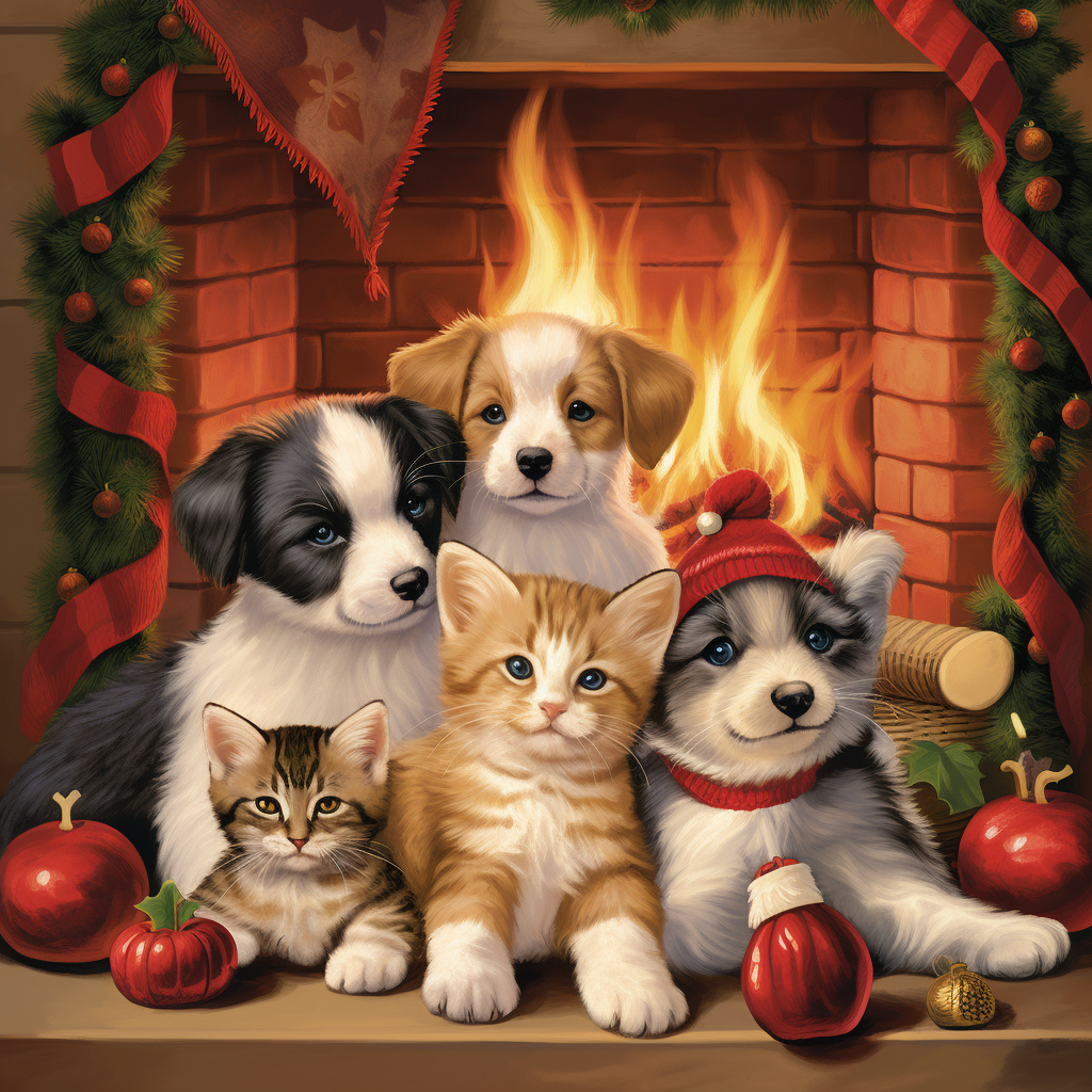 Group of Puppies and Kittens by Festive Fireplace