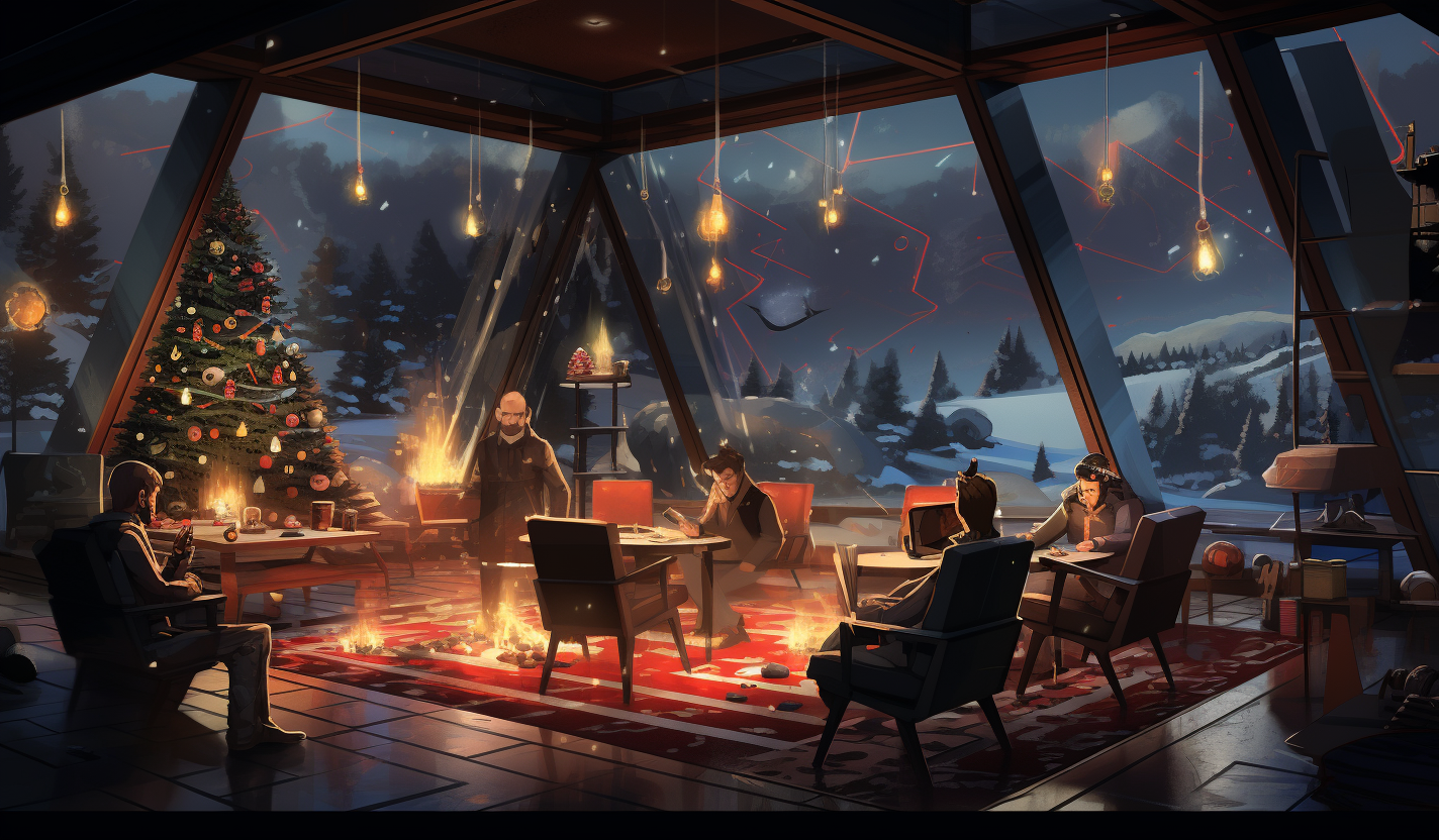 Group enjoying cozy cabin holiday party