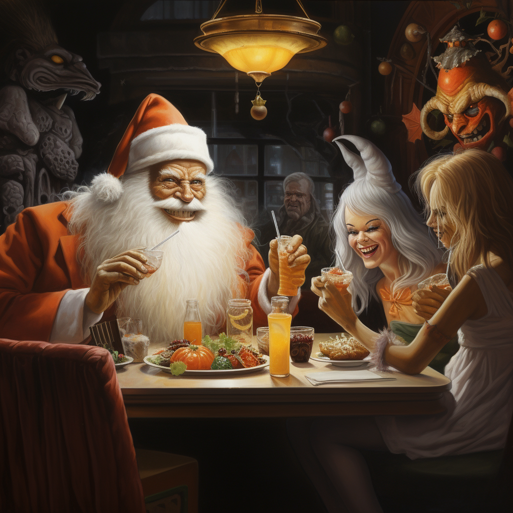 Santa, bunny, fairy, and king having lunch