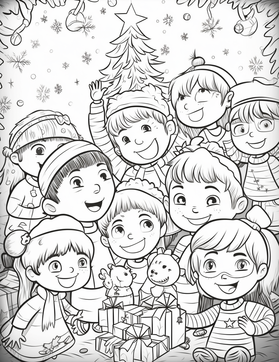 Smiling children around a Christmas tree