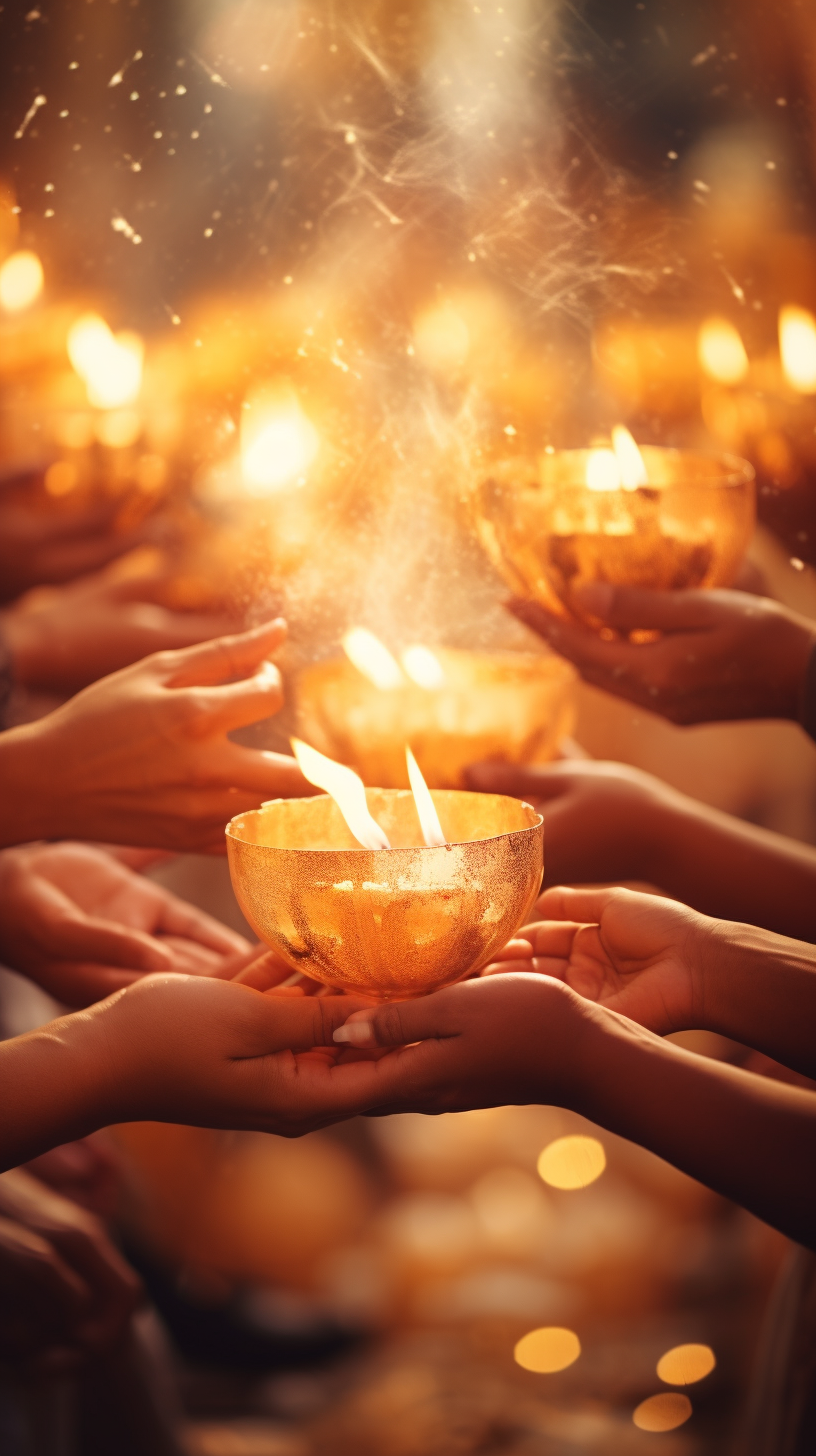 Traditional festivity candles illuminating hands