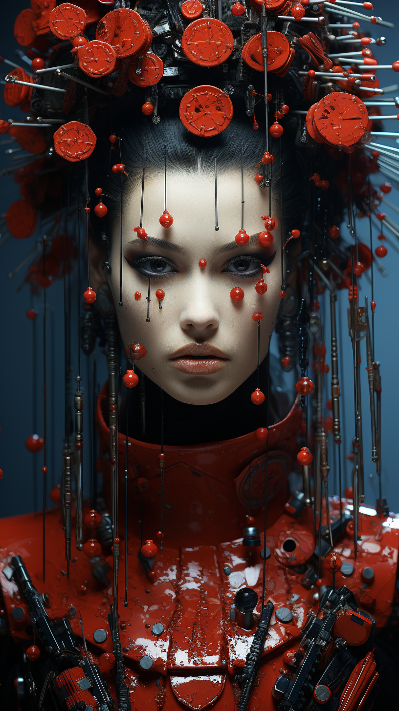 Stunning fusion of geisha art and cyberpunk vibes.