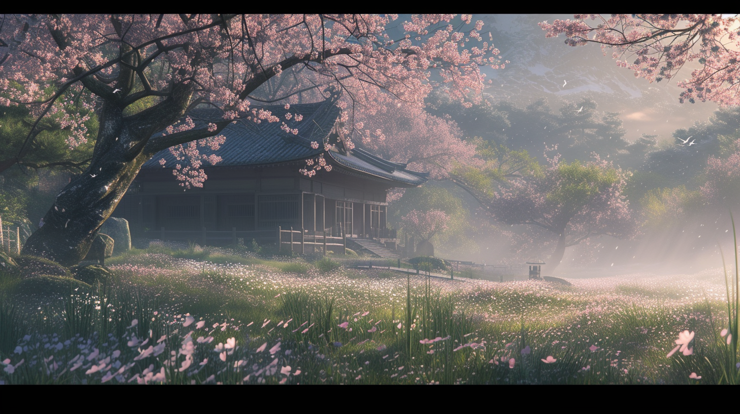 Feudal Japan Cherry Blossoms at Dawn