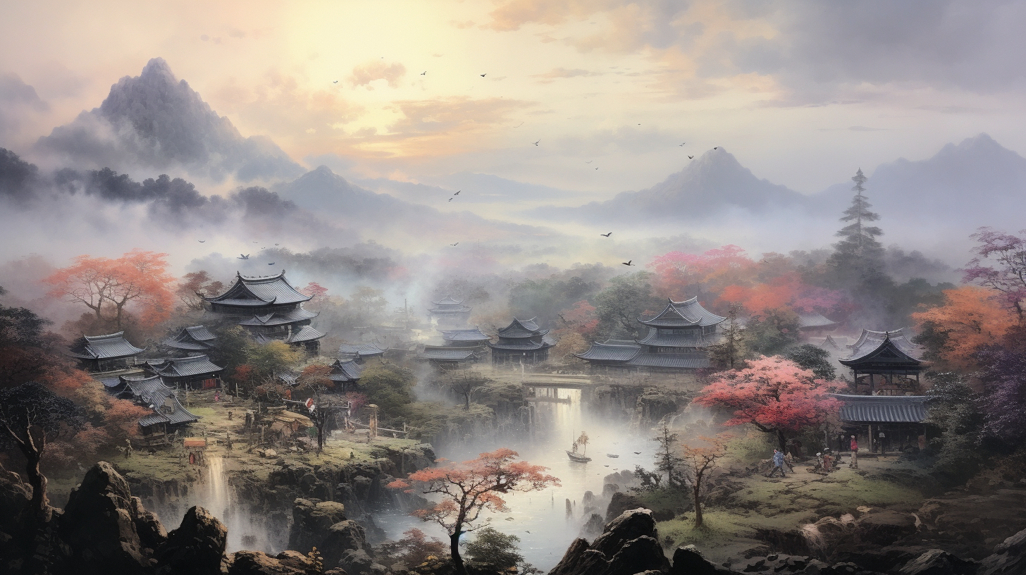 Gorgeous Feudal Japan Hillside Village Painting