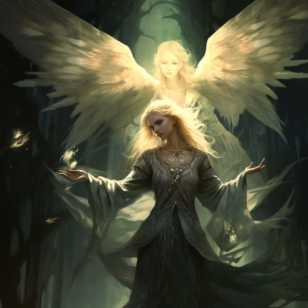 Image of a fey summoner with an angel summoned creature