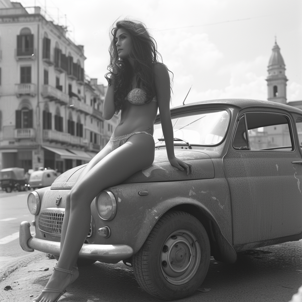 Beautiful girl posing on a Fiat 500 in Italy