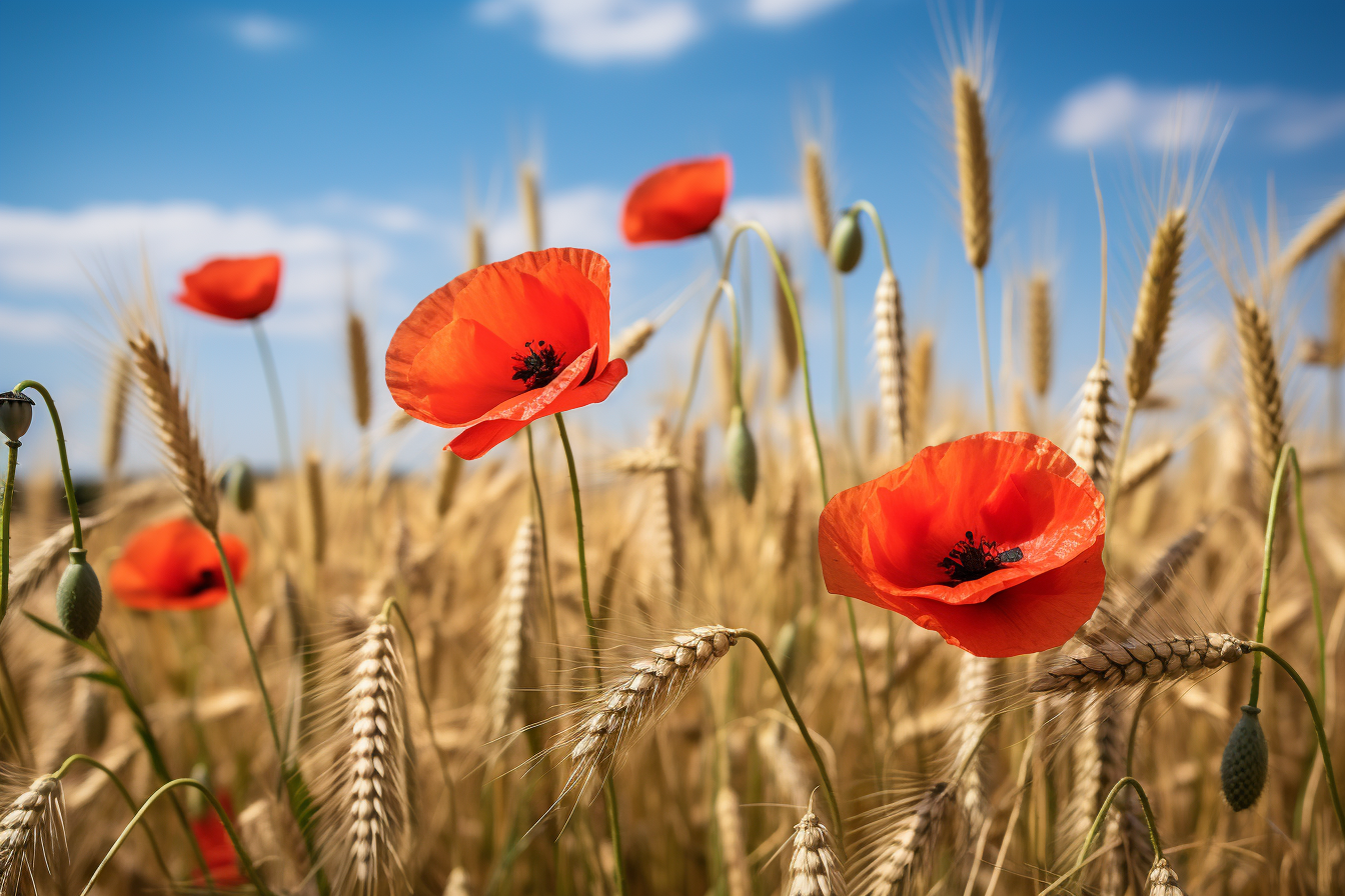 Field of grain with poppies in muted colors