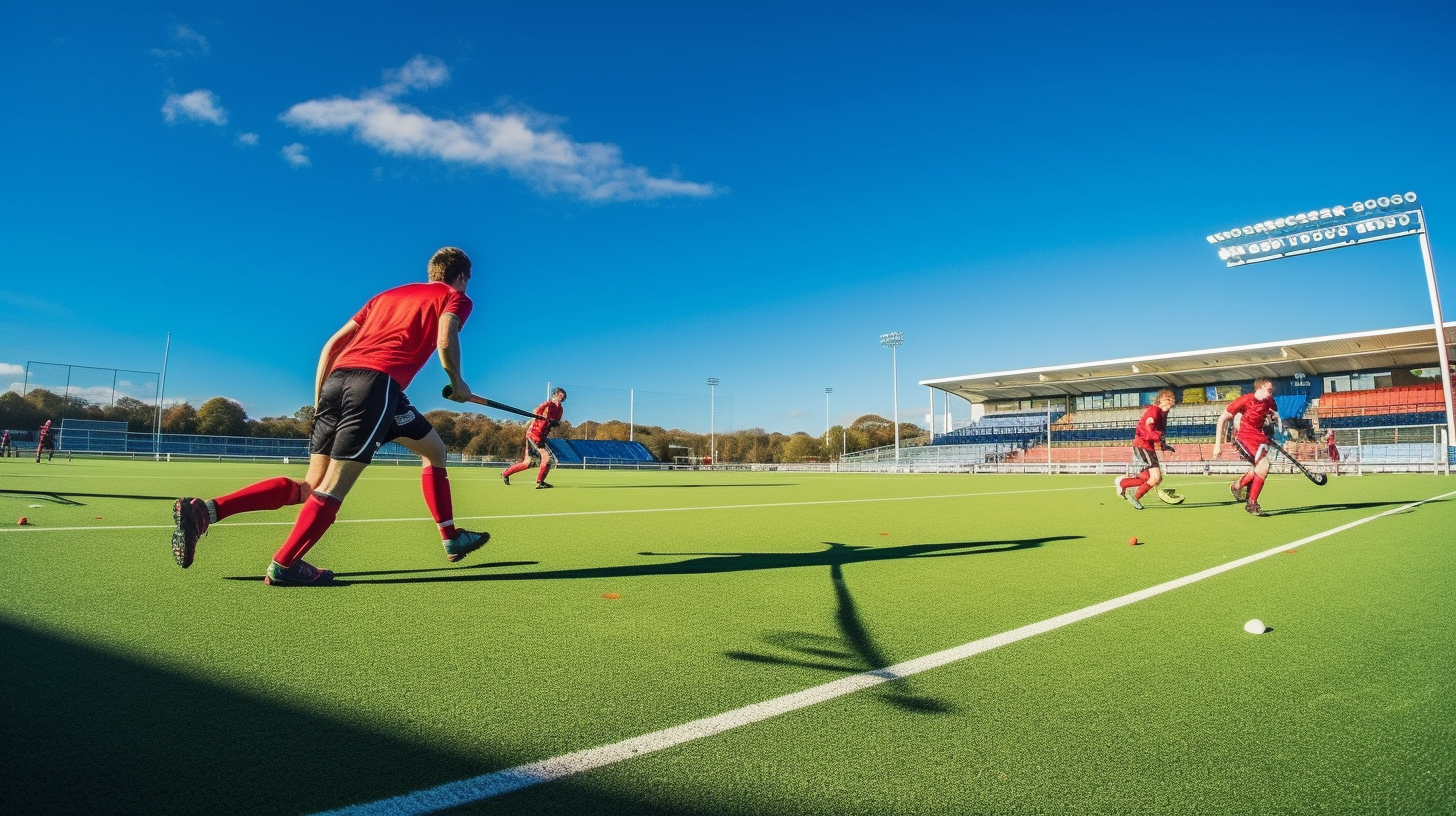 Field hockey game image with two players, one in blue and the other in red