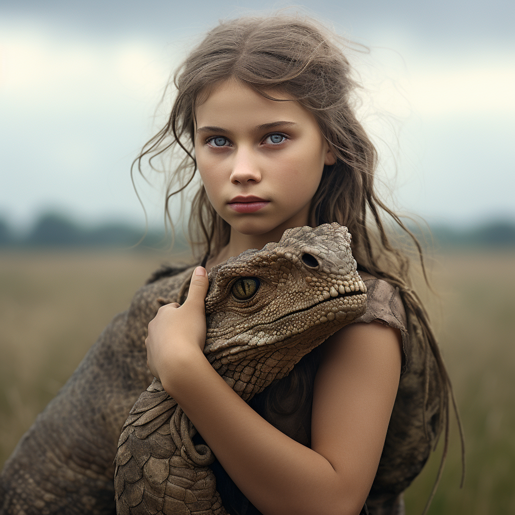 Young girl bonding with a baby dragon