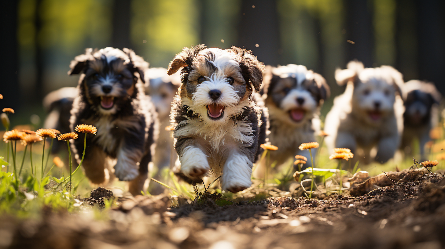 Adorable Puppy Minature Bernedoodles in Flower Field