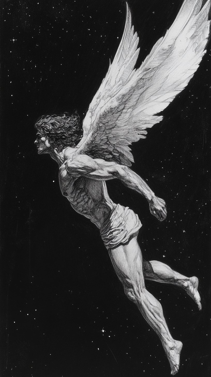 fierce, muscular angel flying through vast space, determined expression