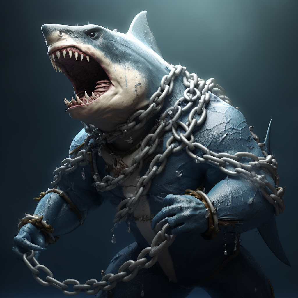 Fierce shark with chains flexing muscles