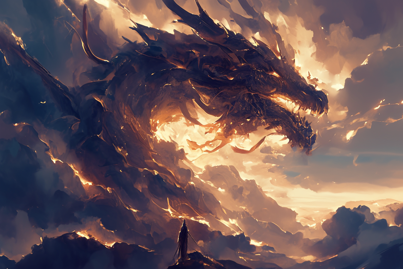 fierce dragon breathing fire stormy sky