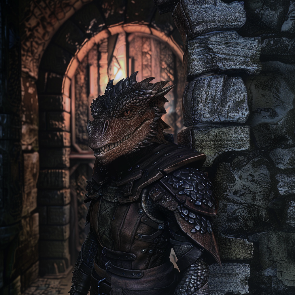 Fierce dragonborn in dimly lit room