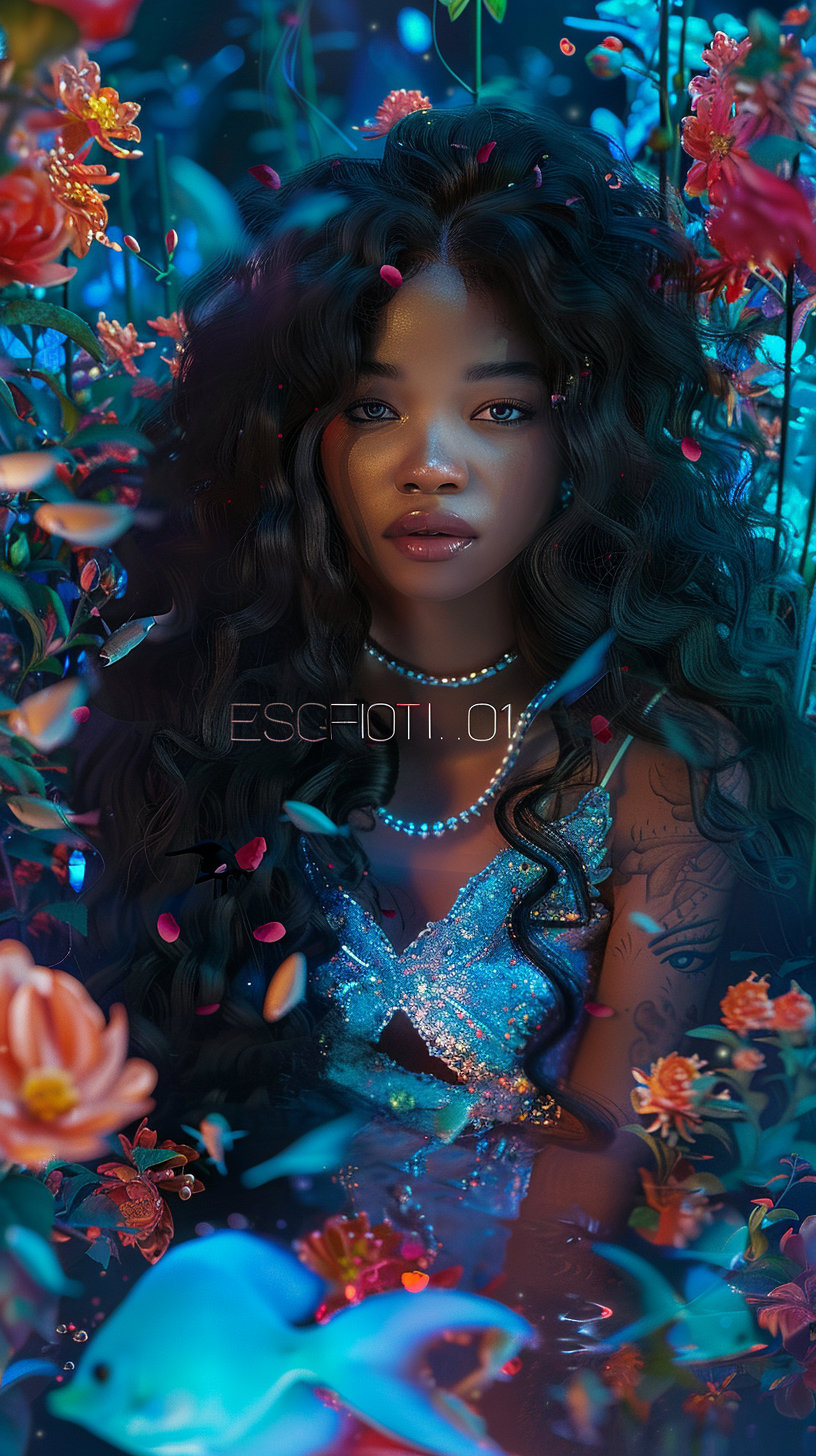 Beautiful dark-skinned woman surrounded by fish and flowers