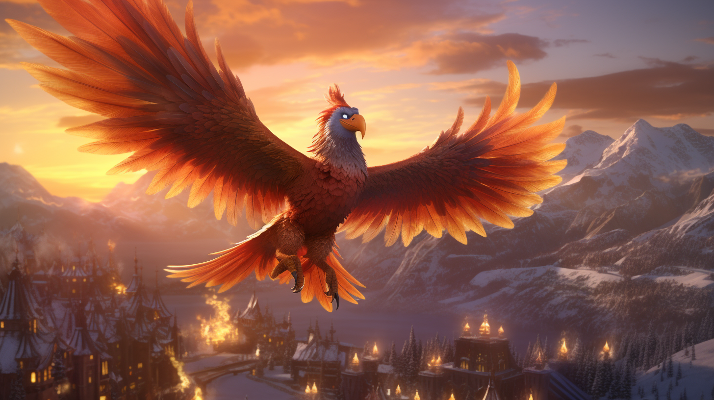 Fiery Anthropomorphic Phoenix in Flight