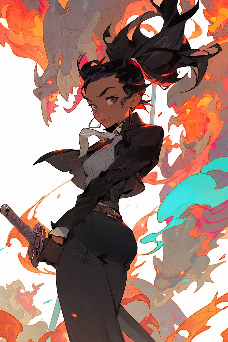 Determined warrior with fiery black hair