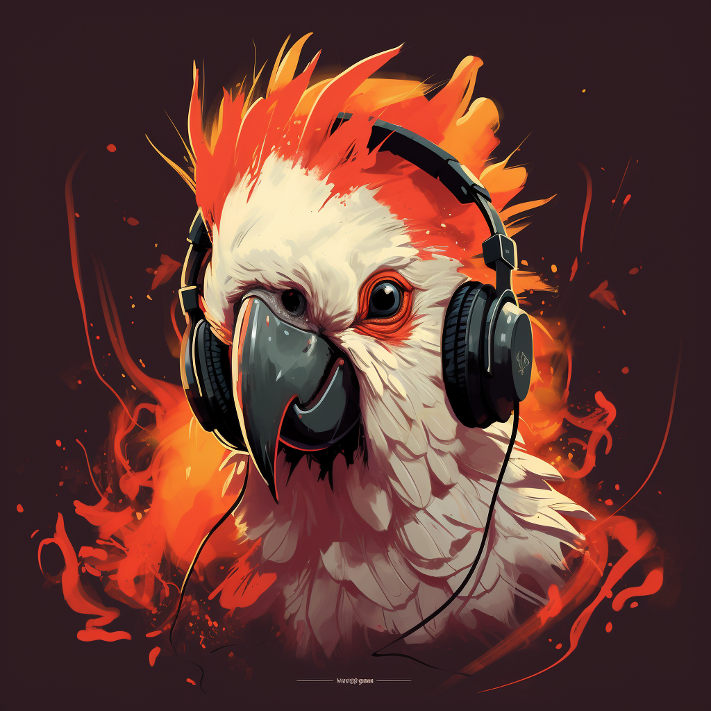 Cockatoo wearing headphones with flames  ??