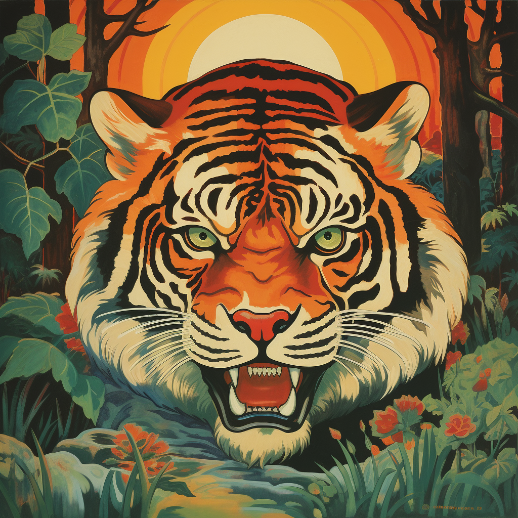 Stylized tiger dividing fiery and rejuvenated forest