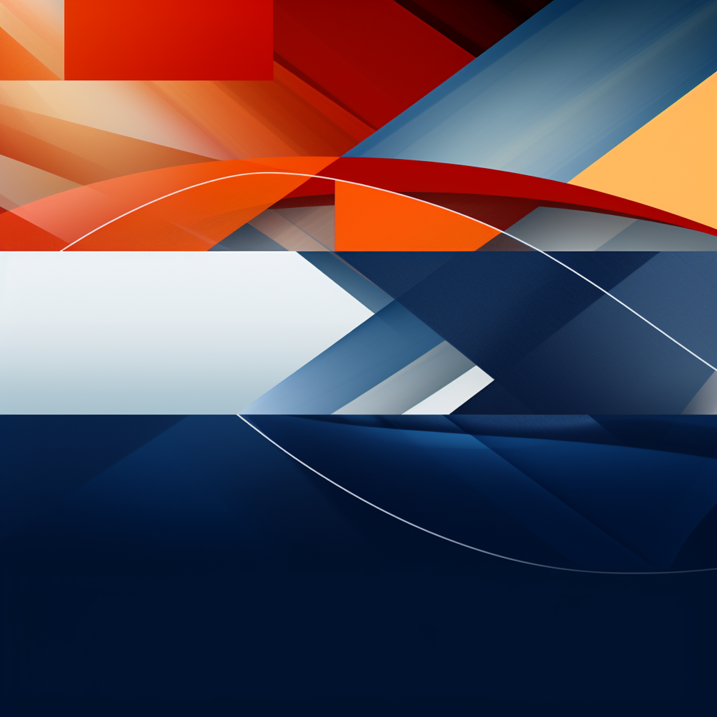 Abstract artwork in fiery orange, white, and navy blue