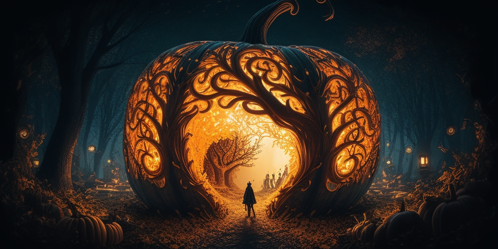 Pumpkin Sculpture in Dark Fantasy Forest