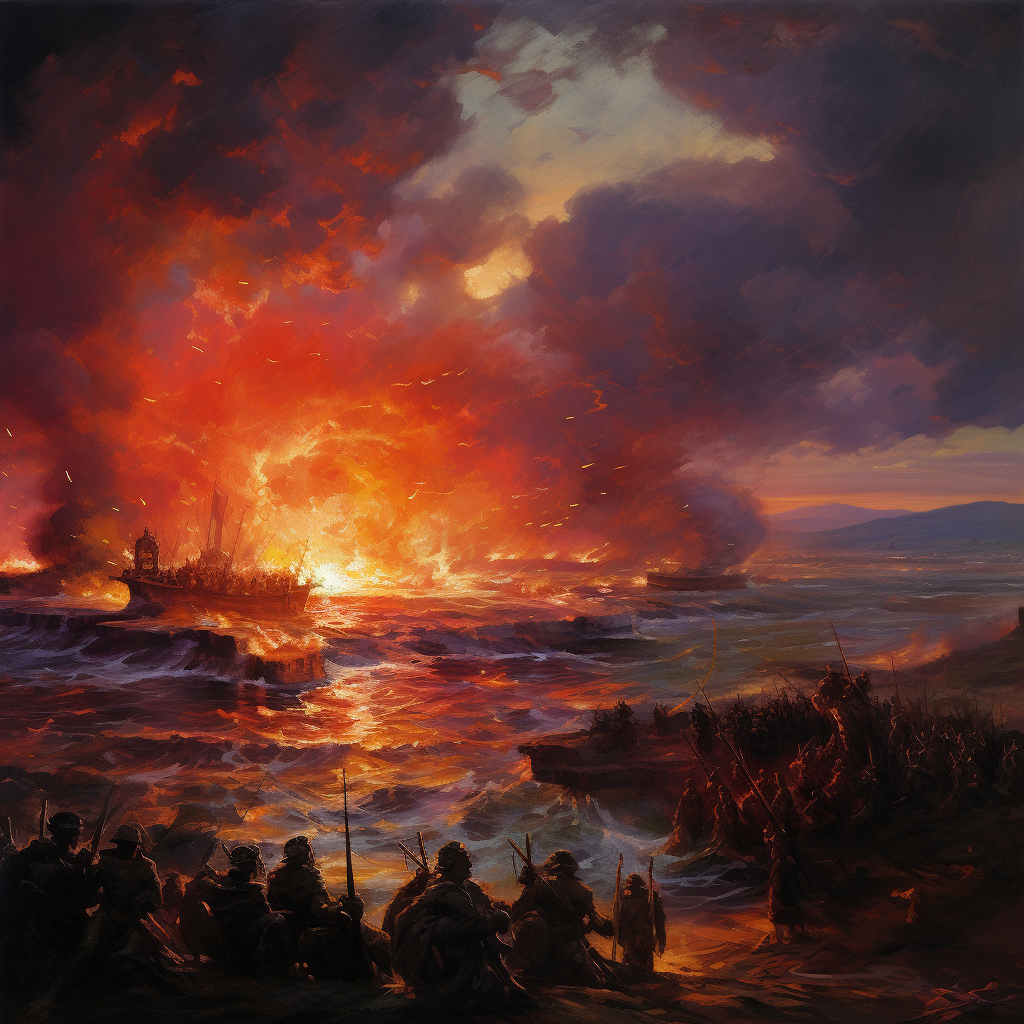 Fiery Ships Attacked by Roman Soldiers