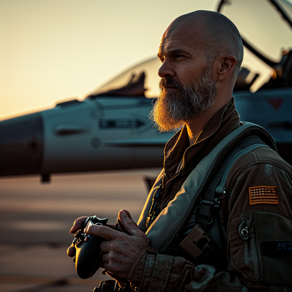 Fighter Pilot with Xbox Controller in front of F16