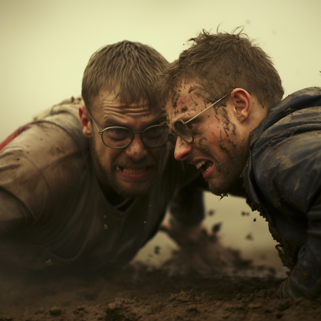 Two men wrestling in muddy ring