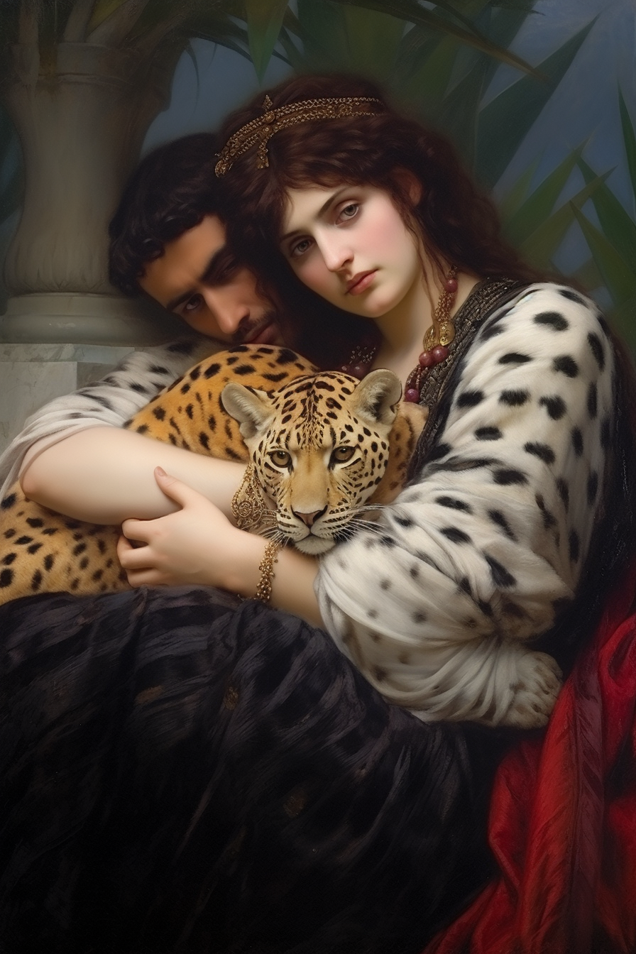 Woman with Pet Leopards in Dramatic Scene