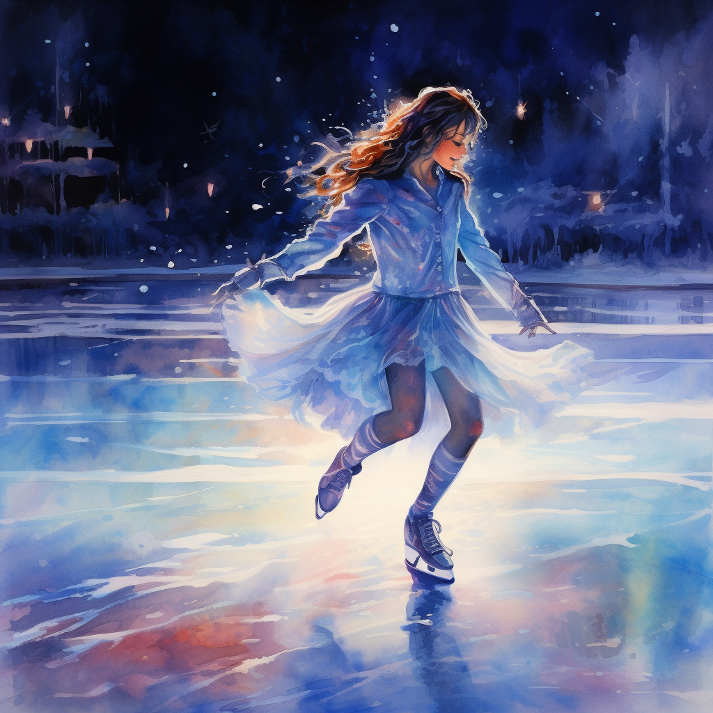 Elegant figure skater on ice rink at night