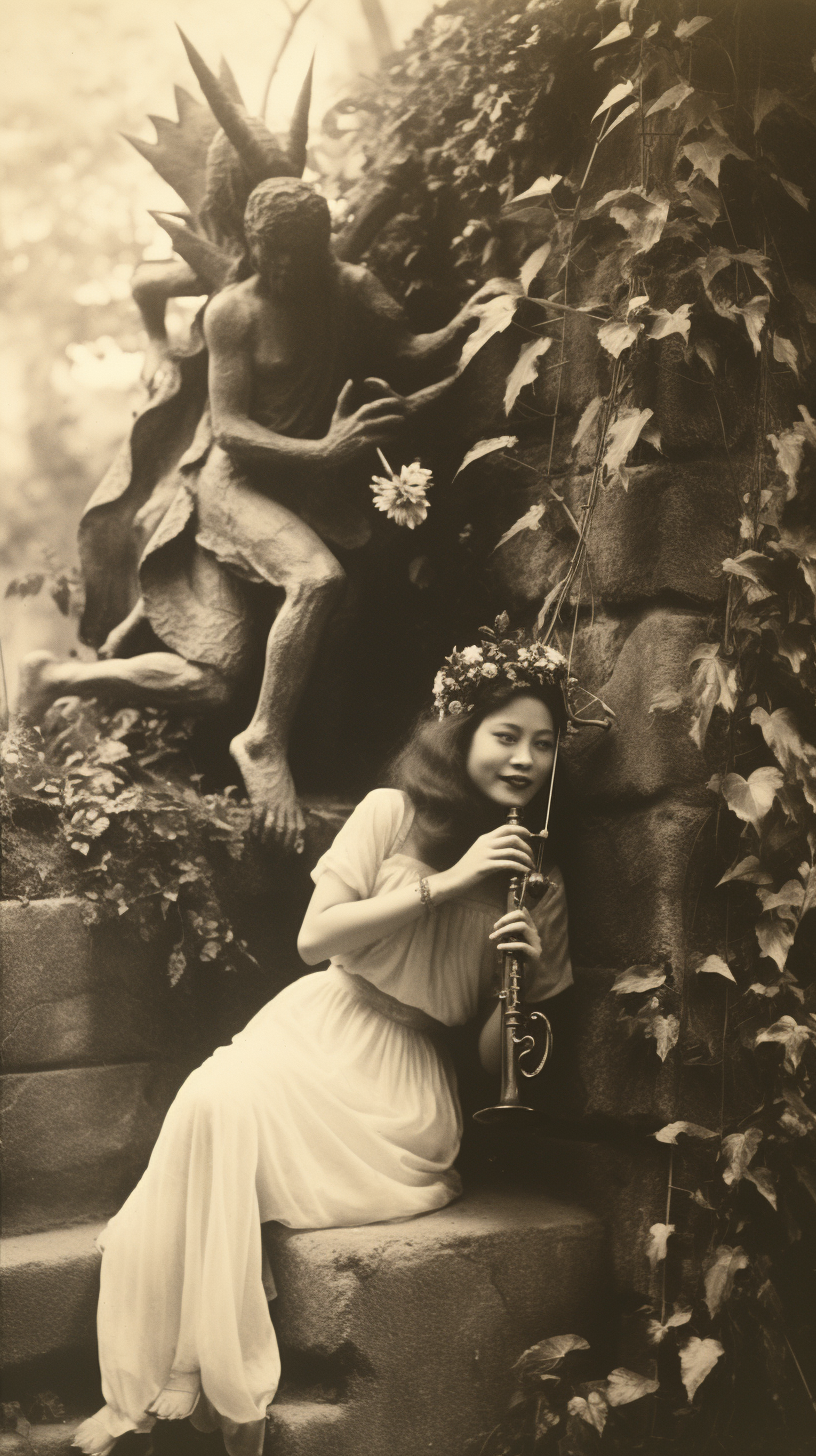 Vintage photo of Filipina witch with saxophone-playing gargoyle