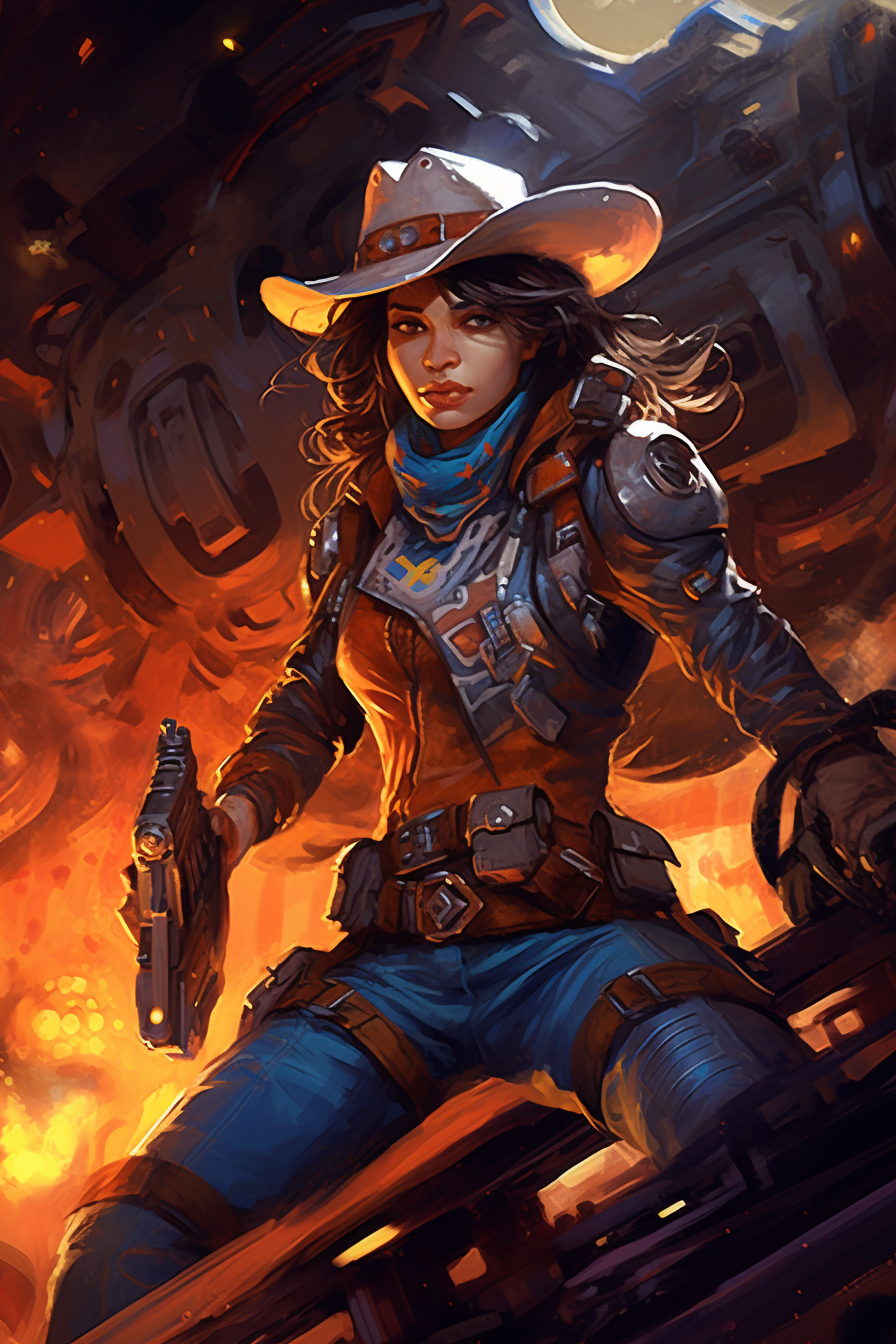 Filipino cowgirl in spaceship with blasters