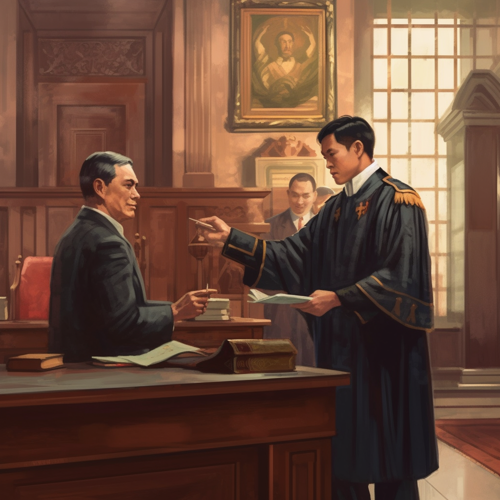 Filipino judge handing search warrant in courtroom painting