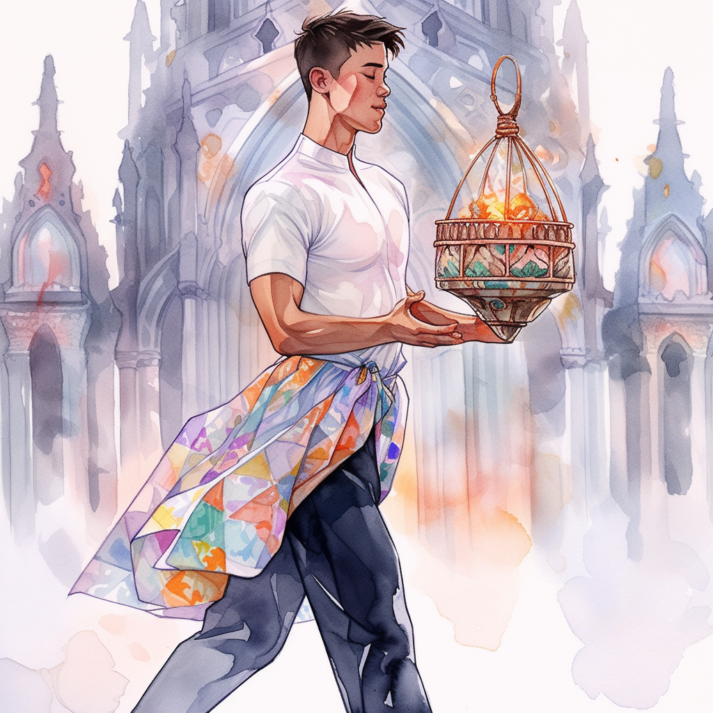 Filipino priest walking past gothic temple with smoldering censer